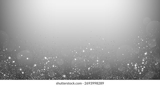 Silberner Glitzer, der auf grauem Hintergrund funkelt. Vektorrealistische Illustration von glühenden schimmernden Teilchen fallen, glänzende Feiertage Konfetti, festliche glänzende Spray-Effekt, magische Weihnachten schneebedeckte Dekoration