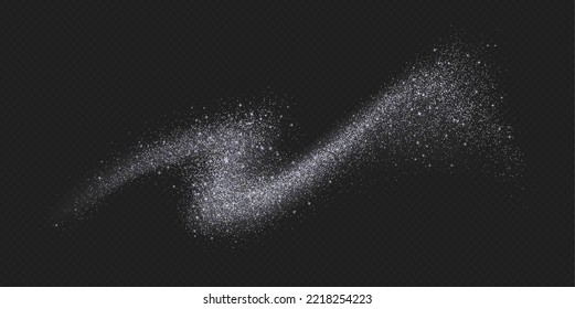 Silver glitter splash, shiny star dust explosion, shimmer spray effect, festive Christmas holiday particles isolated on a dark background. Vector illustration.