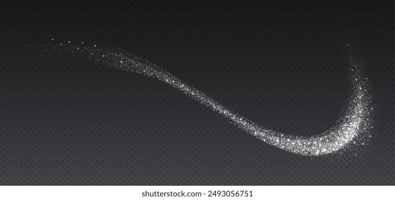 Silver glitter splash, shiny star dust explosion, shimmer spray effect, festive holiday particles isolated on a dark background. Vector illustration.