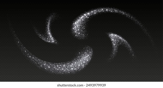 Silver glitter splash, shiny star dust explosion, shimmer spray effect, festive holiday particles isolated on a dark background. Vector illustration.
