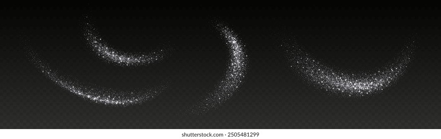 Silver glitter splash, shiny star dust explosion, shimmer spray effect, festive holiday particles isolated on a dark background. Vector illustration.