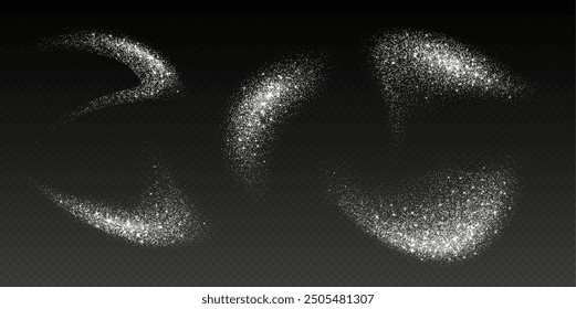 Silver glitter splash, shiny star dust explosion, shimmer spray effect, festive holiday particles isolated on a dark background. Vector illustration.