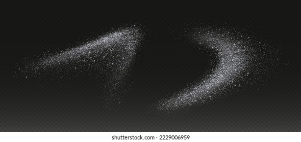 Silver glitter splashes, shiny star dust explosion, shimmer spray effect, festive holiday particles isolated on a dark background. Vector illustration.