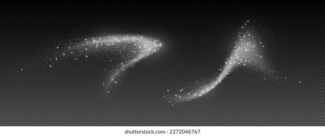 Silver glitter splashes, shiny star dust explosion, shimmer spray effect, festive holiday particles isolated on a dark background. Vector illustration.