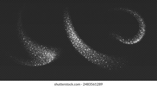 Silver glitter splashes, shiny star dust explosion, shimmer spray effect, festive holiday particles isolated on a dark background. Vector illustration.