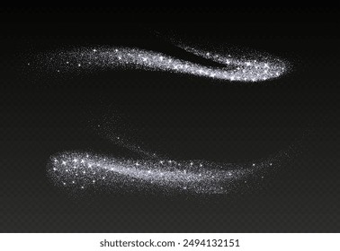 Silver glitter splashes, shiny star dust explosion, shimmer spray effect, festive holiday particles isolated on a dark background. Vector illustration. Christmas decoration.