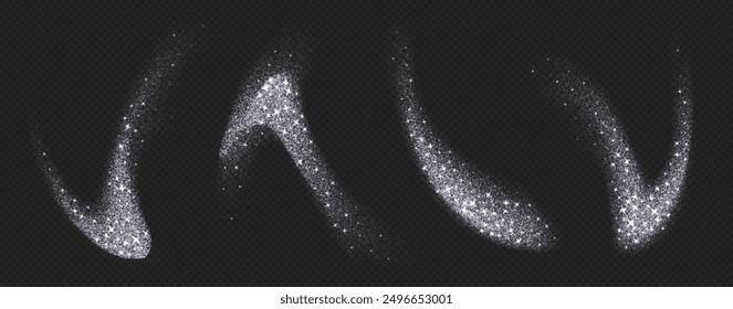 Silver glitter splashes, shiny star dust explosion, shimmer spray effect, festive holiday particles isolated on a dark background. Vector illustration. Christmas decoration.