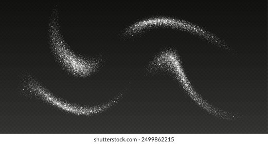 Silver glitter splashes, shiny star dust explosion, shimmer spray effect, festive holiday particles isolated on a dark background. Vector illustration.