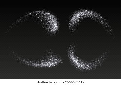 Silber glitzernde Spritzer, glänzende Sternstaubexplosion, Schimmer-Spray-Effekt, festliche Urlaubspartikel einzeln auf dunklem Hintergrund. Vektorgrafik. Weihnachtsschmuck.