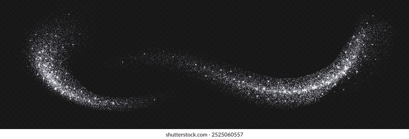 Silver glitter splashes, shiny star dust explosion, shimmer spray effect, festive holiday particles isolated on a dark background. Vector illustration. Christmas decoration.