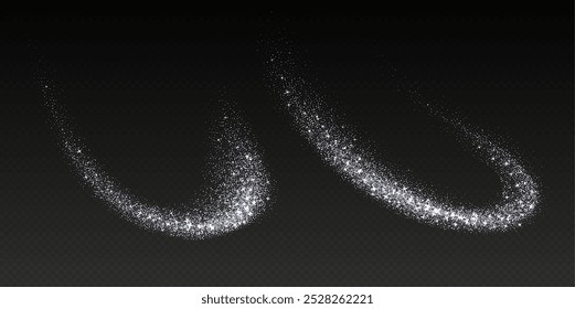 Salpicaduras de brillo de plata, explosión de polvo de estrella brillante, efecto de pulverización de brillo, partículas festivas de vacaciones aisladas sobre un fondo oscuro. Ilustración vectorial. Decoración navideña.