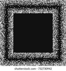 Silver glitter. Square scattered frame on black background. Majestic vector illustration.