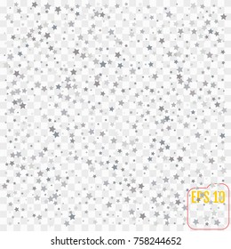 Silver glitter stars falling from the sky on transparent  background. Abstract Background. Glitter pattern for banner. Vector illustration.