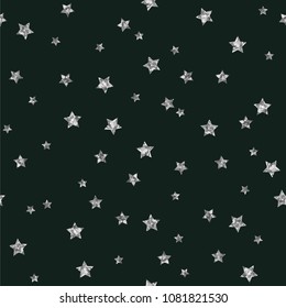 Silver Glitter Stars Seamless Pattern - Scattered silver glitter stars on dark green background seamless pattern