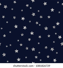 Silver Glitter Stars Seamless Pattern - Scattered silver glitter stars on navy blue background seamless pattern