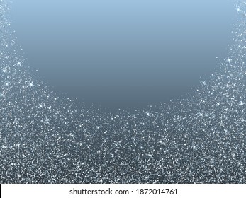 Silver glitter stars shimmer vector holiday background. Confetti sparkles shiny texture. Metal silver stars and circle confetti snowflakes scatter. Glamour lights party blue gray white winter backdrop