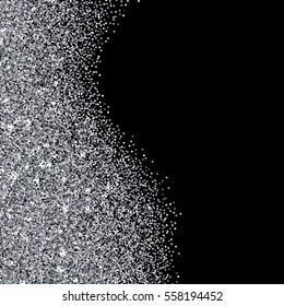 Silver glitter texture border over black background. Abstract silver sparkles of confetti. Vector illustration.