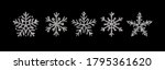 Silver glitter texture snowflake hand drawn icon set on black background. Shiny Christmas, New year and winter sparkling metal snow symbols for print, decoration, greeting card. Vector Illustration