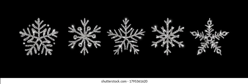 Silver Glitter Texture Snowflake Hand Drawn Icon Set On Black Background. Shiny Christmas, New Year And Winter Sparkling Metal Snow Symbols For Print, Decoration, Greeting Card. Vector Illustration