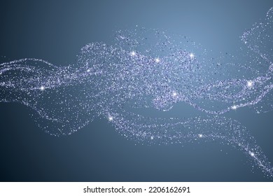 Silver glitter tinsels, glowint shimmer sequins, starburs glimmer paillettes. Stardust cloud, sparkly glowing tinsels. Star confetti scatter. Spranlge particles. Blue silver background.