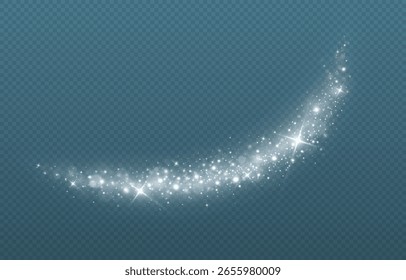Onda de brillo de plata que fluye sobre fondo transparente. Sendero mágico centelleando con estrellas fulgurantes. Luz de polvo brillante con partículas brillantes.