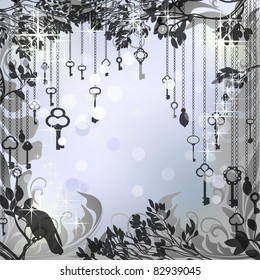 Silver glittering background with antique keys