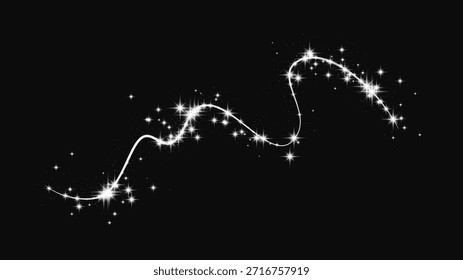 Onda de confeti brillante de plata y polvo de estrellas. Fondo con destellos mágicos de plata sobre fondo oscuro. Ilustración vectorial