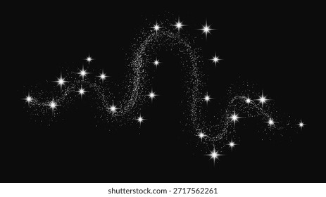 Onda de confeti brillante de plata y polvo de estrellas. Fondo con destellos mágicos de plata sobre fondo oscuro. Ilustración vectorial
