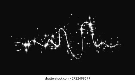 Onda de confeti brillante de plata y polvo de estrellas. Fondo con destellos mágicos de plata sobre fondo oscuro. Ilustración vectorial