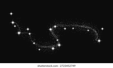 Onda de confeti brillante de plata y polvo de estrellas. Fondo con destellos mágicos de plata sobre fondo oscuro. Ilustración vectorial