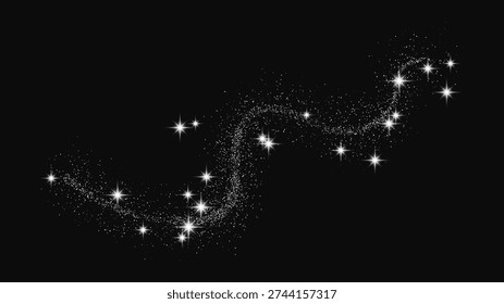 Silver glittering confetti wave and stardust. Backdrop with silver magical sparkles on dark background. Vector illustration