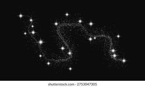 Silver glittering confetti wave and stardust. Backdrop with silver magical sparkles on dark background. Vector illustration