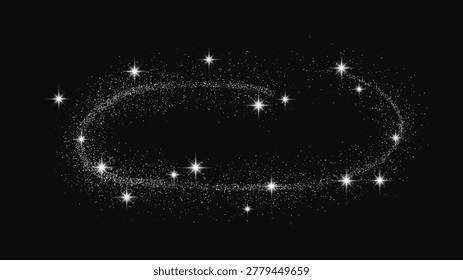 Silver glittering confetti wave and stardust. Backdrop with silver magical sparkles on dark background. Vector illustration
