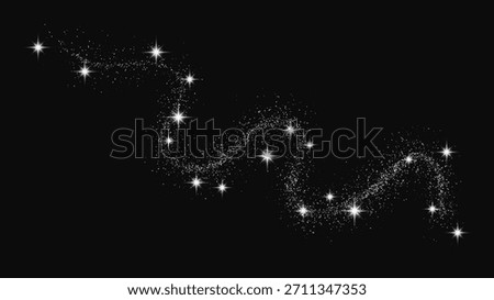 Silver glittering confetti wave and stardust. Backdrop with silver magical sparkles on dark background. Vector illustration