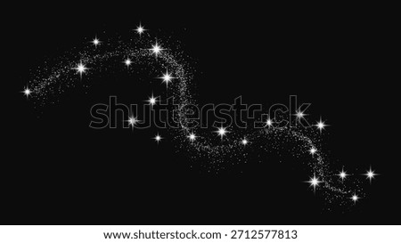 Silver glittering confetti wave and stardust. Backdrop with silver magical sparkles on dark background. Vector illustration