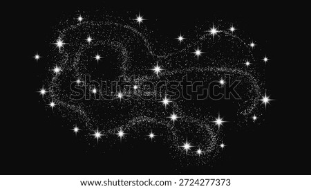 Silver glittering confetti wave and stardust. Backdrop with silver magical sparkles on dark background. Vector illustration