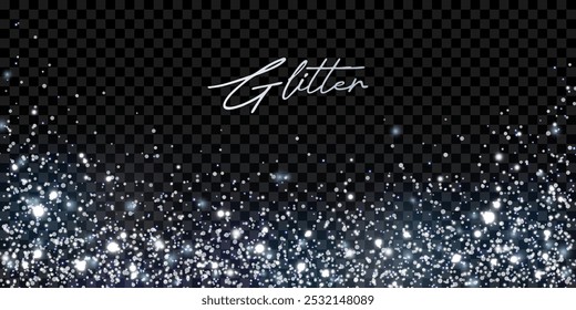 Silver glittering dust with light effect, stars, particles, grain. Isolated white confetti. Transparent abstract vector element, spray, sand for festive and luxurious designs, celebration backgrounds.