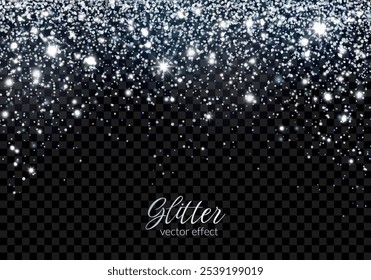 Polvo brillante de plata con efecto de luz, estrellas, partículas, grano. Confeti aislado. Elemento de Vector abstracto transparente, arena, textura para diseños festivos y lujosos, fondos de celebración.