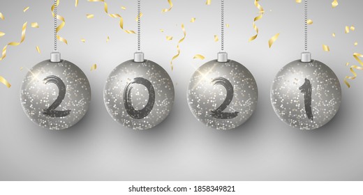 Silver glittering hanging Christmas balls with numbers 2021 New Year. Grunge brush. Golden flying confetti. Background for greeting card or poster. Vector illustration. EPS 10