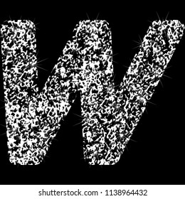 Silver glittering letter W. Vector shining silver sparkling letter on black background.
