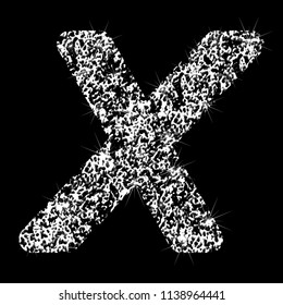 Silver glittering letter X. Vector shining silver sparkling letter on black background.