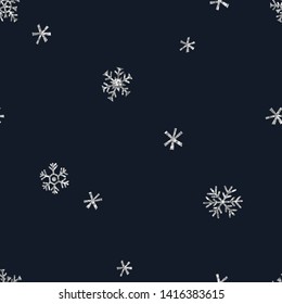 Silver glittering snowflakes seamless pattern. Ornate snowfall flakes on dark blue background. Sparkling winter magic. Christmas, New Year decoration. Wrapping paper, wallpaper, textile print