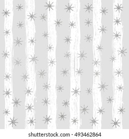 Silver glittering snowflakes seamless pattern on grey striped background