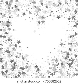 Silver Glittering Stars Heart Frame. Greeting Card, Wedding, Invitation Template with Shimmering Stars Confetti. White Sky Vector Background with Free Space for Glamour, Luxury Design
