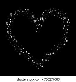 Silver Glittering Stars Heart on Black Background. Greeting Card, Wedding, Invitation Template with Shimmering Stars Confetti. Dark Sky Vector Background with Free Space for Glamour, Luxury Design.