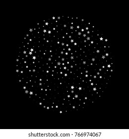 Silver Glittering Stars on Black Background. Greeting Card, Wedding, Invitation Template with Shimmering Stars Confetti. Dark Sky Vector Background for Glamour, Luxury Design