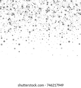 Silver Glittering Stars on White Background. Greeting Card, Wedding, Invitation Template with Shimmering Stars Confetti. White Sky Vector Background with Free Space for Glamour, Luxury Design