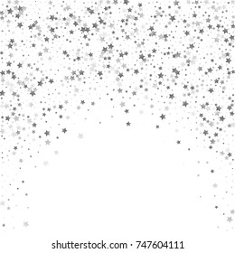 Silver Glittering Stars on White Background. Greeting Card, Wedding, Invitation Template with Shimmering Stars Confetti. White Sky Vector Background with Free Space for Glamour, Luxury Design