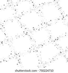 Silver Glittering Stars on White Background. Greeting Card, Wedding, Invitation Template with Shimmering Stars Confetti. White Sky Vector Background for Glamour, Luxury Design