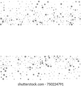 Silver Glittering Stars on White Background. Greeting Card, Wedding, Invitation Template with Shimmering Stars Confetti. White Sky Vector Background with Free Space for Glamour, Luxury Design